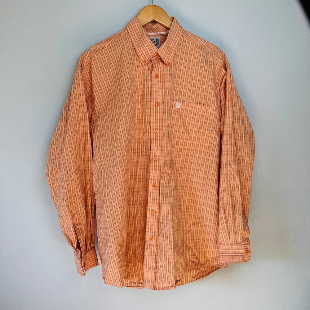 Cinch Mens Orange Rodeo Cowboy Plaid Button Down Western Long Sleeve Shirt L